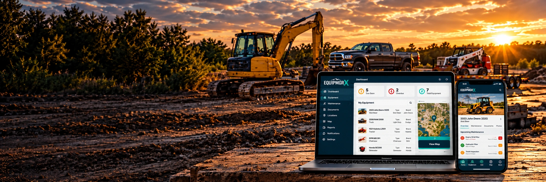 Equipment yard at sunset, with EquipMgrX illustrated on a laptop and phone